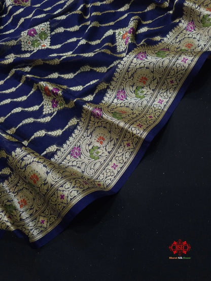 Shade Of Navy Blue Pure Chiffon Reshmi Meena Zari Pure Banarasi Silk Saree - Bharat Silk House Chiffon Sarees