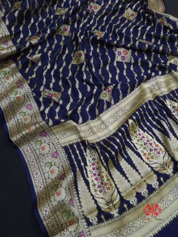 Shade Of Navy Blue Pure Chiffon Reshmi Meena Zari Pure Banarasi Silk Saree - Bharat Silk House Chiffon Sarees