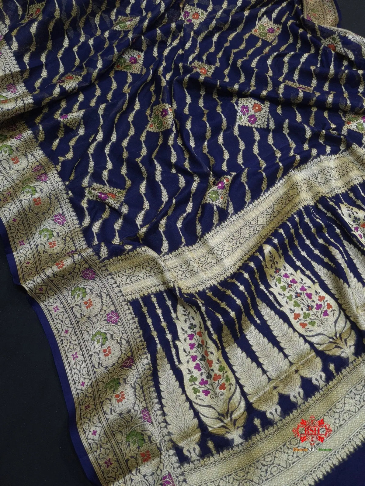 Shade Of Navy Blue Pure Chiffon Reshmi Meena Zari Pure Banarasi Silk Saree - Bharat Silk House Chiffon Sarees