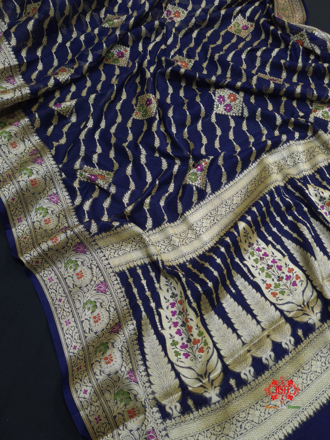 Shade Of Navy Blue Pure Chiffon Reshmi Meena Zari Pure Banarasi Silk Saree - Bharat Silk House Chiffon Sarees