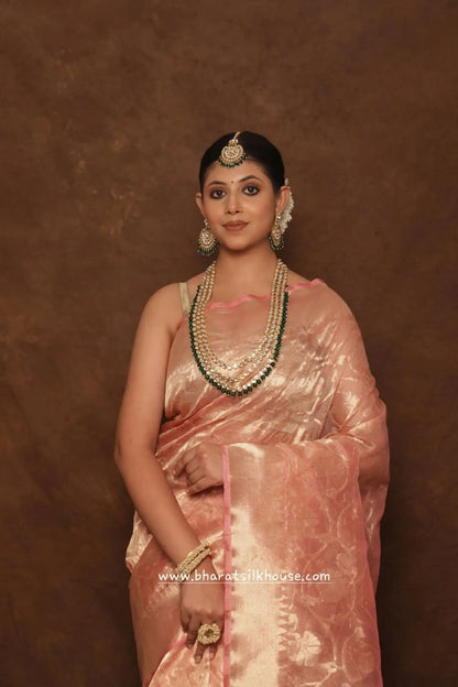 Shade Of Pink Pure Tissue Floral Jaal Silk Saree - Bharat Silk House Tissue Silk