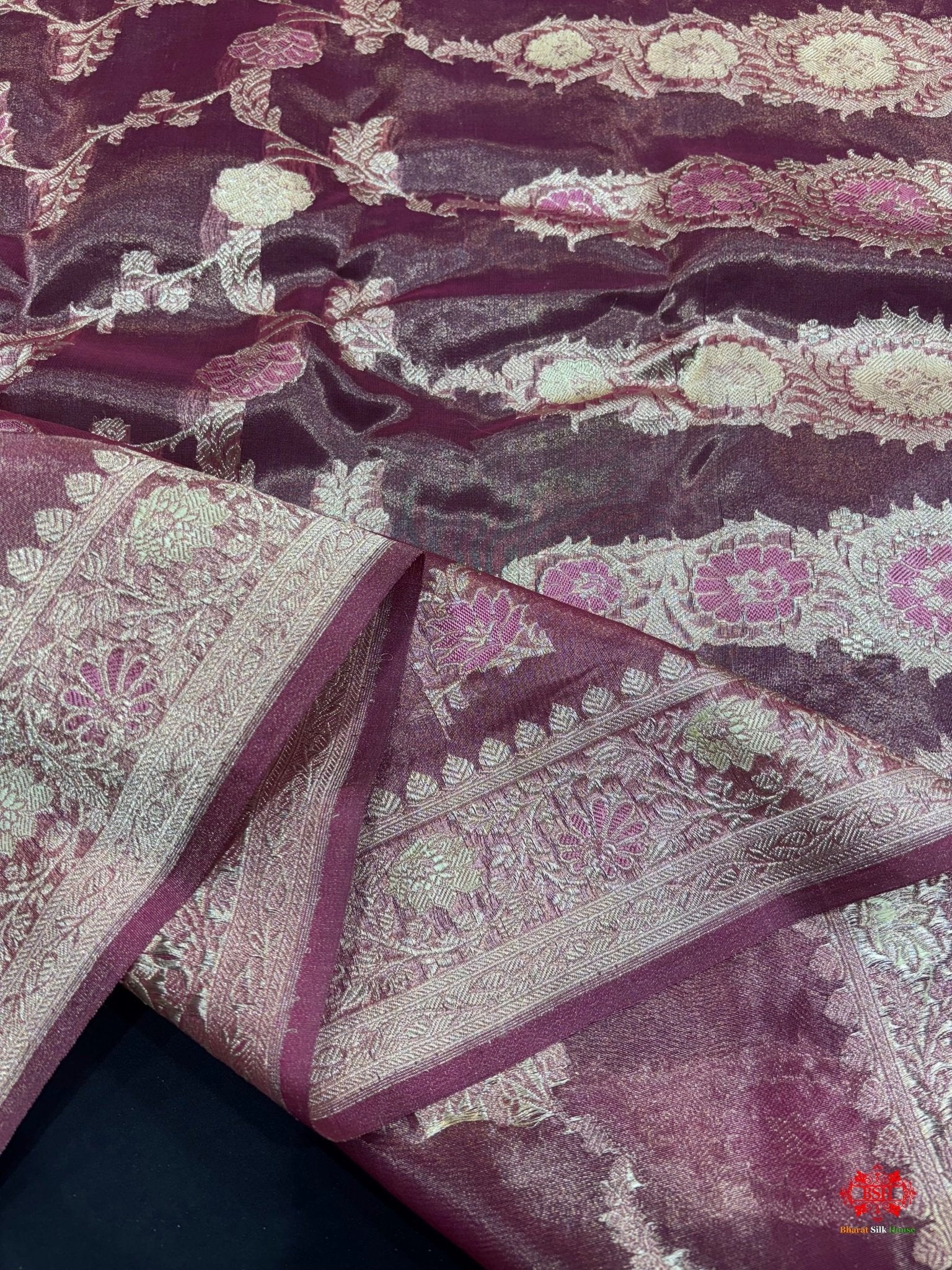 Shade Of Rani Pure Tissue Meena Floral Jaal Silk Saree - Bharat Silk House Tissue Silk