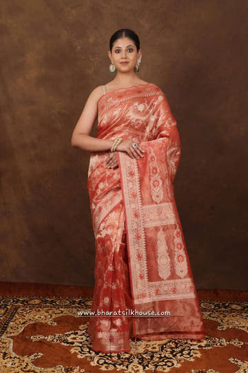Shade Of Red Pure Tissue Meena Floral Jaal Silk Saree - Bharat Silk House Tissue Silk