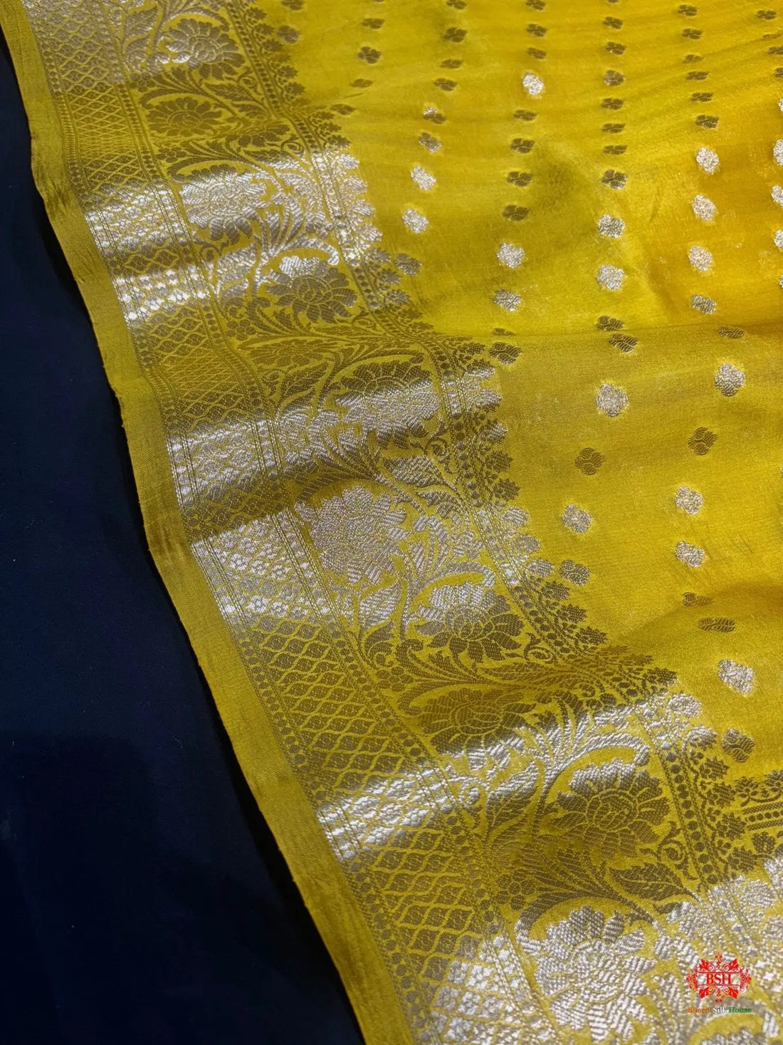 Shade Of Yellow With Blue Border Pure Dupion Silk Saree - Bharat Silk House Dupion Silk