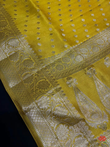 Shade Of Yellow With Blue Border Pure Dupion Silk Saree - Bharat Silk House Dupion Silk