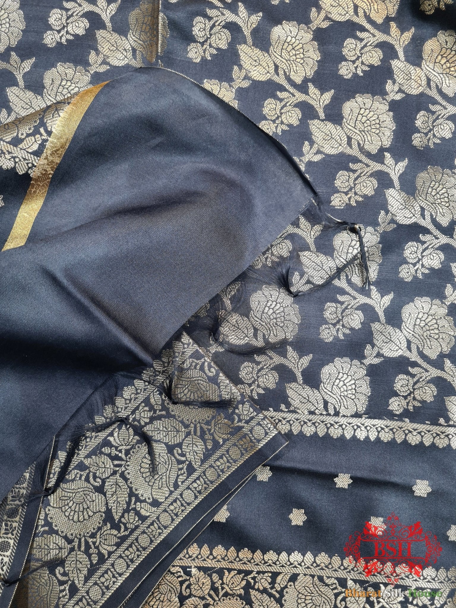Shades Of Black Banarasi Floral Semi Silk Dupatta - Bharat Silk House Semi Dupatte