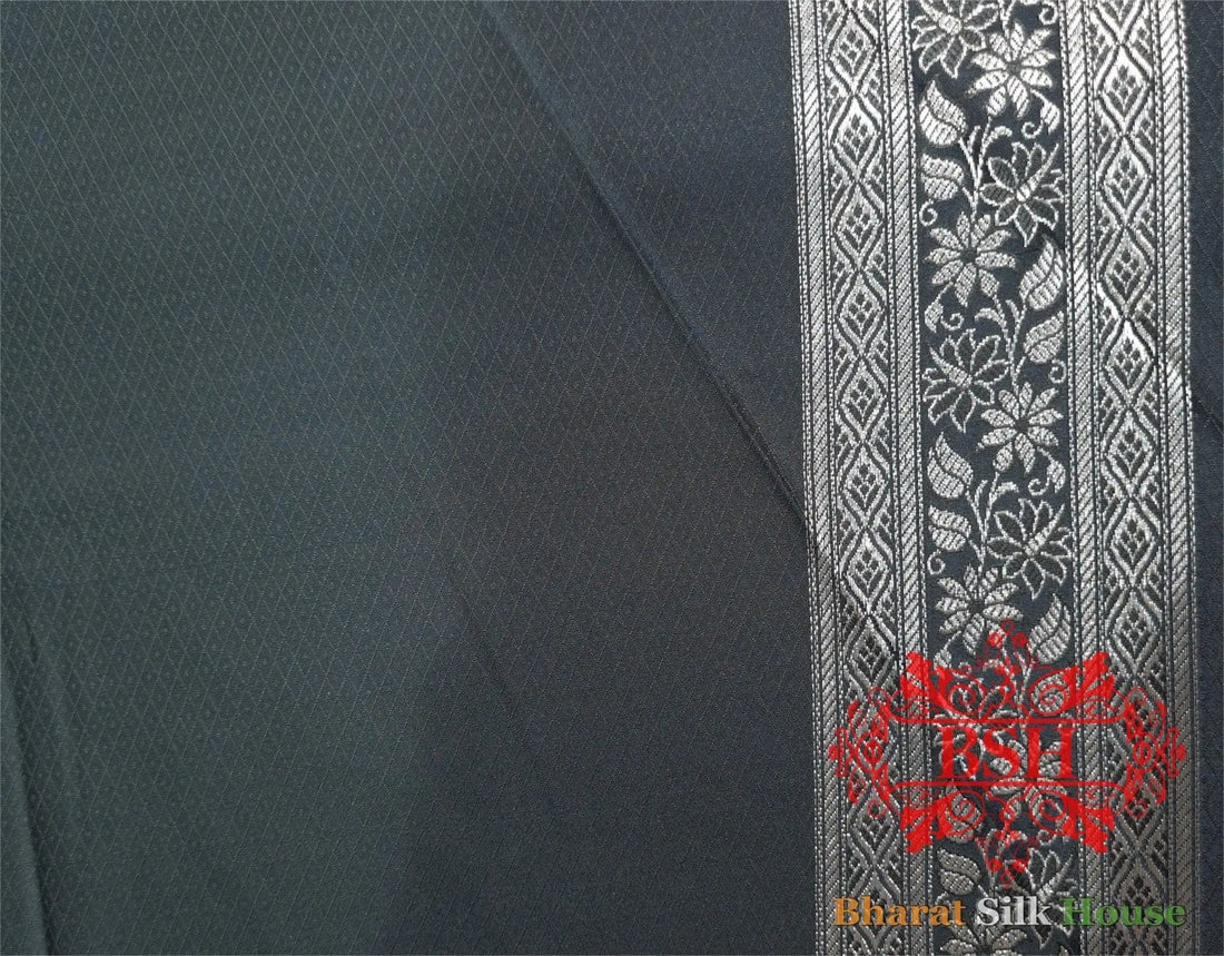 Shades Of Black Dohri Resham Zari Booti Tanchoi Silk Saree - Bharat Silk House Tanchoi katan