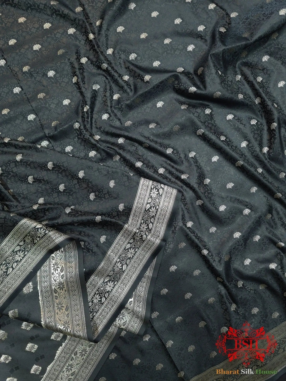 Shades Of Black Dohri Resham Zari Booti Tanchoi Silk Saree - Bharat Silk House Tanchoi katan