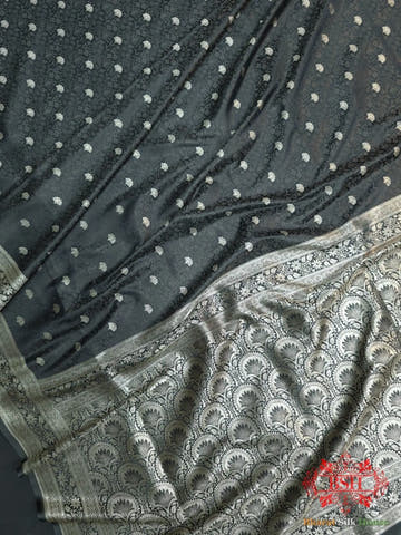 Shades Of Black Dohri Resham Zari Booti Tanchoi Silk Saree - Bharat Silk House Tanchoi katan