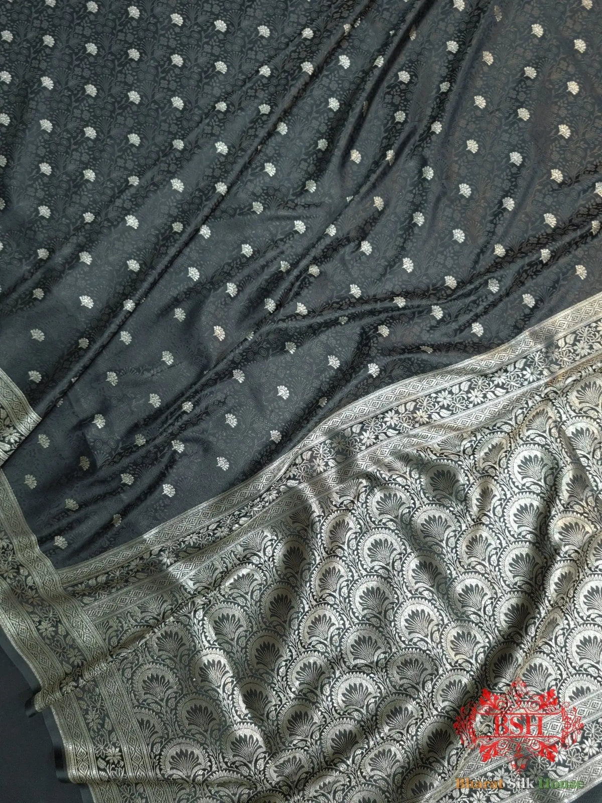 Shades Of Black Dohri Resham Zari Booti Tanchoi Silk Saree - Bharat Silk House Tanchoi katan