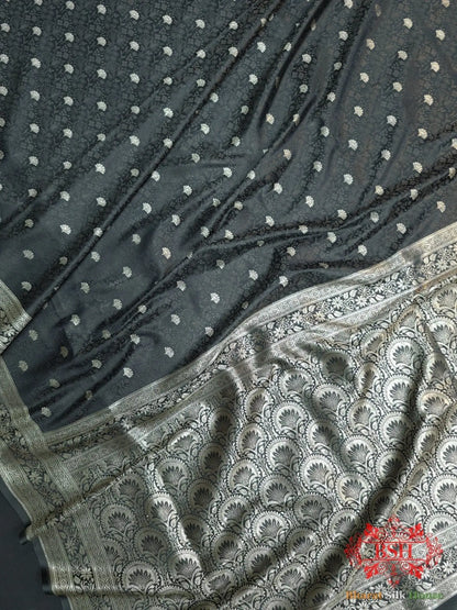 Shades Of Black Dohri Resham Zari Booti Tanchoi Silk Saree - Bharat Silk House Tanchoi katan