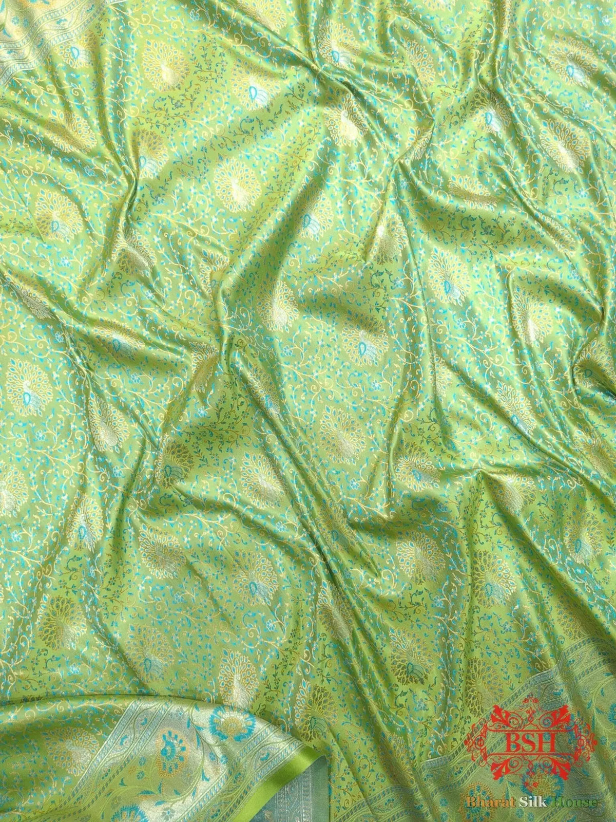 Shades Of Green Dohri Resham Zari Booti Tanchoi Silk Saree - Bharat Silk House Semi-Silk