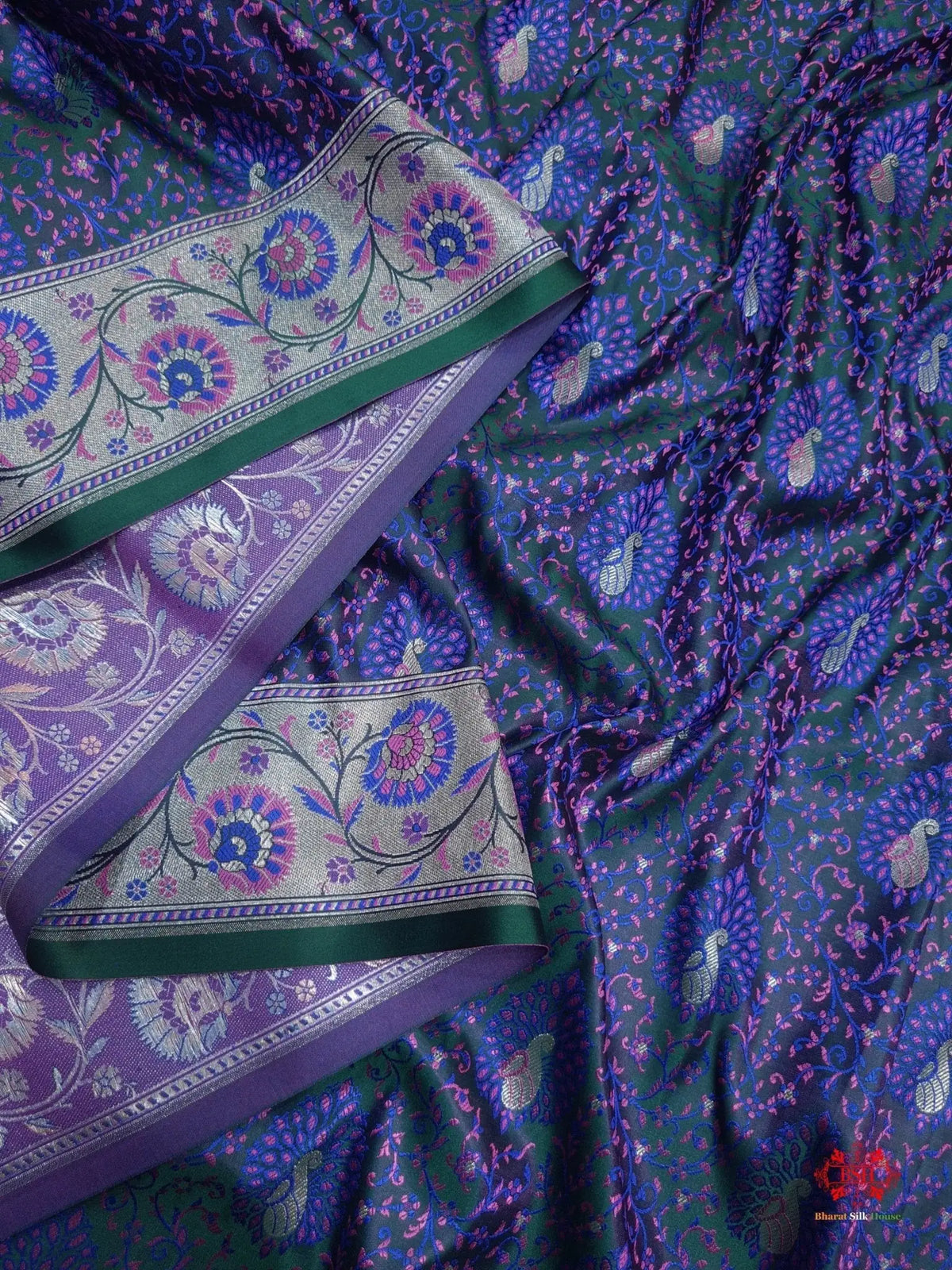 Shades Of Green Dohri Resham Zari Booti Tanchoi Silk Saree - Bharat Silk House Tanchoi katan