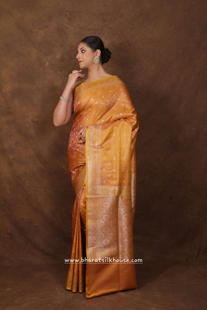 Shades Of Mustard Yellow Dohri Resham Zari Booti Tanchoi Silk Saree - Bharat Silk House Tanchoi katan