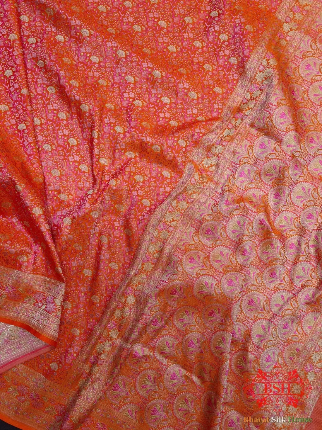 Shades Of Orange Dohri Resham Zari Booti Tanchoi Silk Saree - Bharat Silk House Tanchoi katan