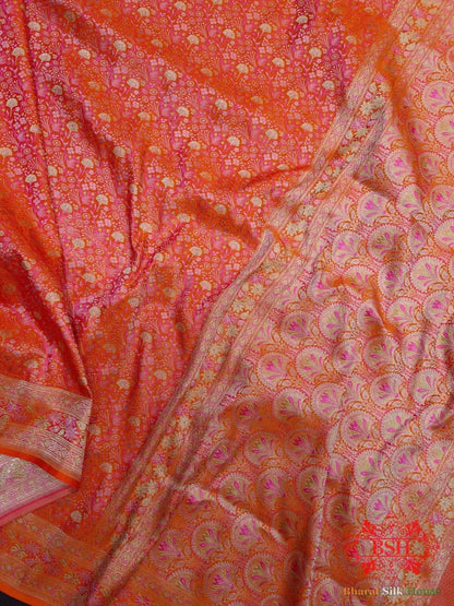 Shades Of Orange Dohri Resham Zari Booti Tanchoi Silk Saree - Bharat Silk House Tanchoi katan