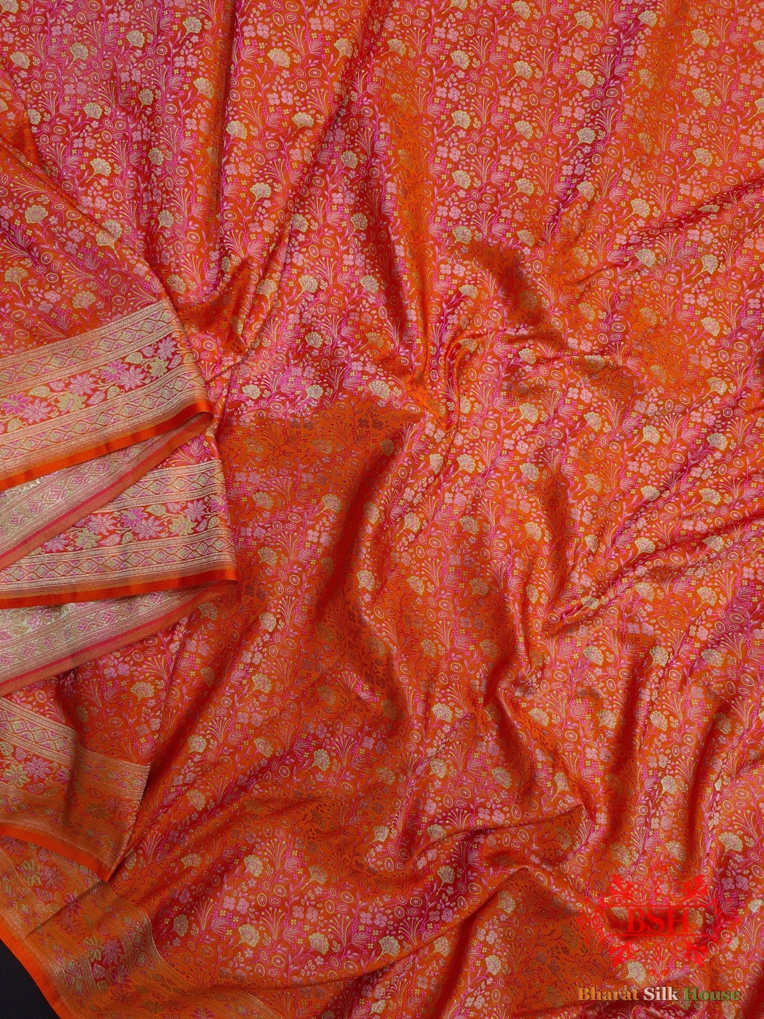 Shades Of Orange Dohri Resham Zari Booti Tanchoi Silk Saree - Bharat Silk House Tanchoi katan