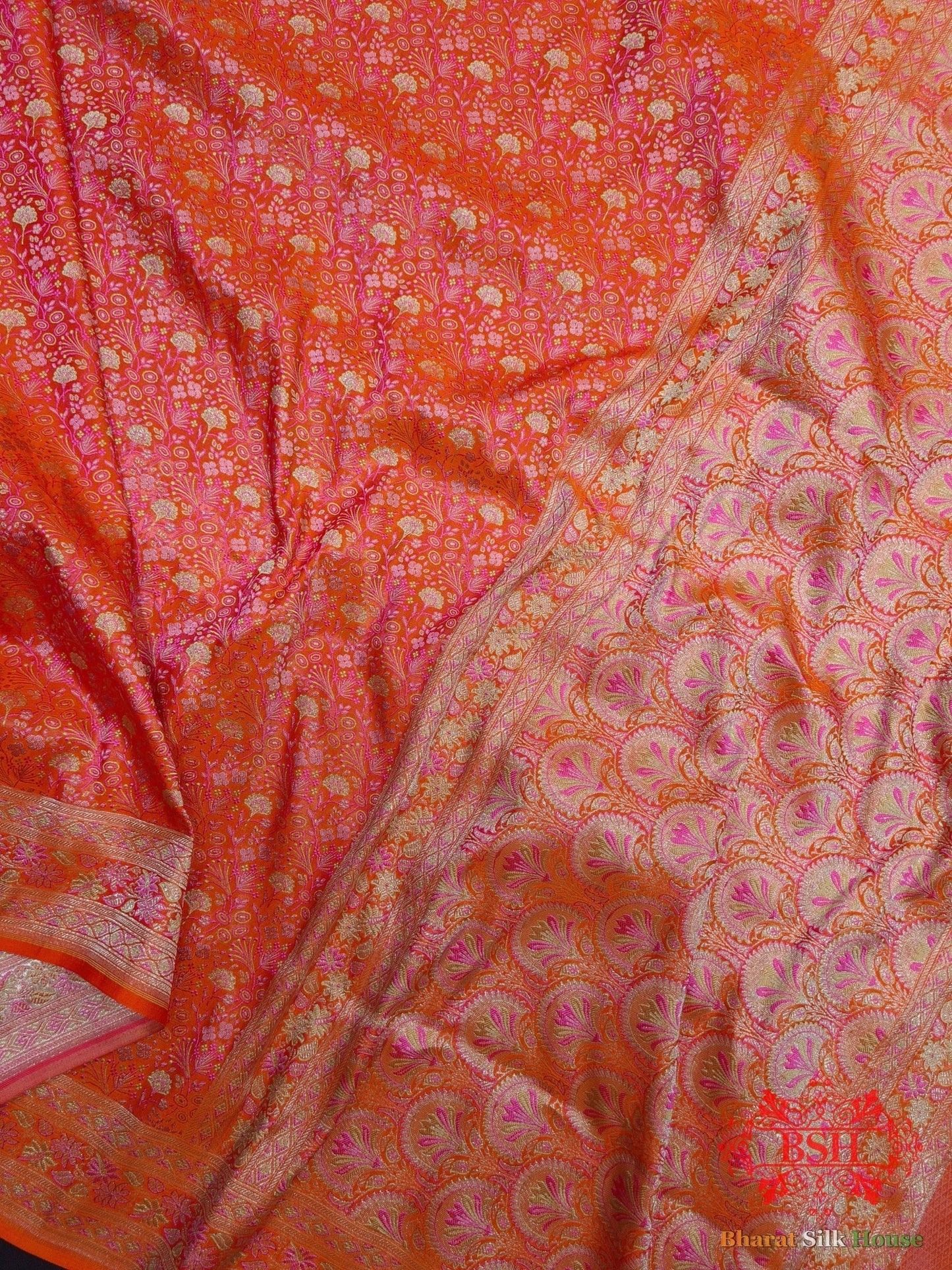 Shades Of Orange Dohri Resham Zari Booti Tanchoi Silk Saree - Bharat Silk House Tanchoi katan