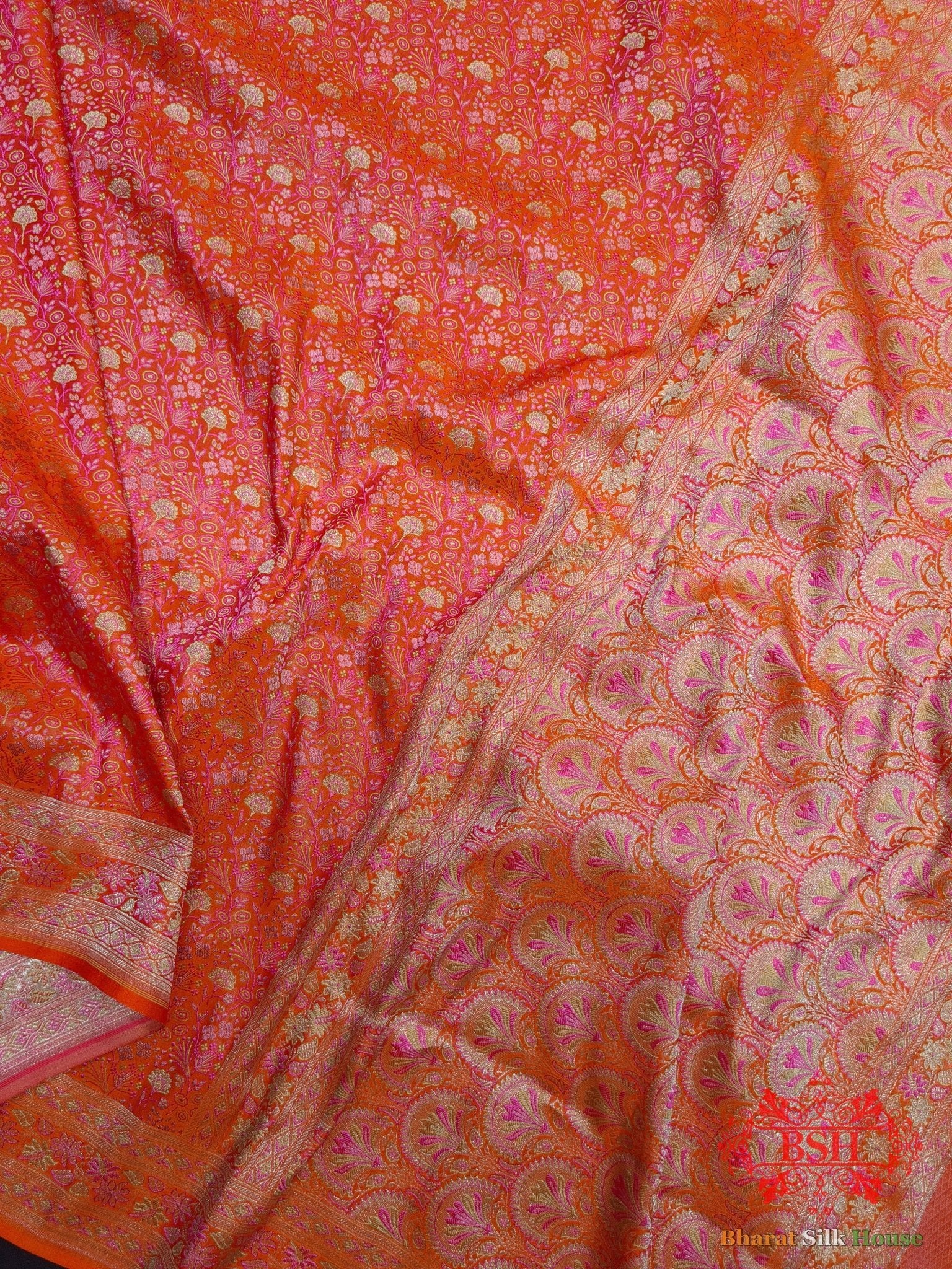 Shades Of Orange Dohri Resham Zari Booti Tanchoi Silk Saree - Bharat Silk House Tanchoi katan