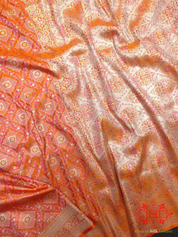 Shades Of Orange Dohri Resham Zari Booti Tanchoi Silk Saree - Bharat Silk House Tanchoi katan