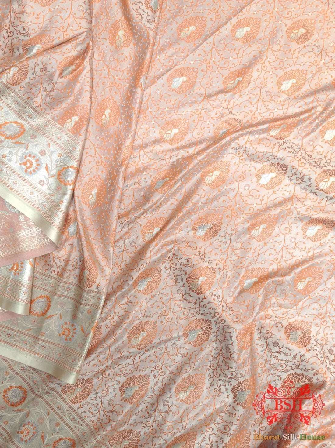 Shades Of Peach Dohri Resham Zari Booti Tanchoi Silk Saree - Bharat Silk House Semi-Silk