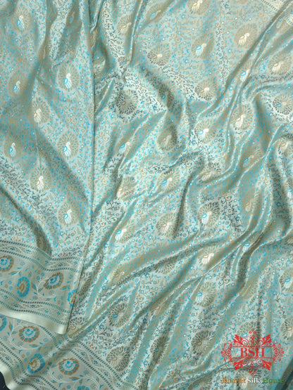 Shades Of Powder Blue Dohri Resham Zari Booti Tanchoi Silk Saree - Bharat Silk House Semi-Silk