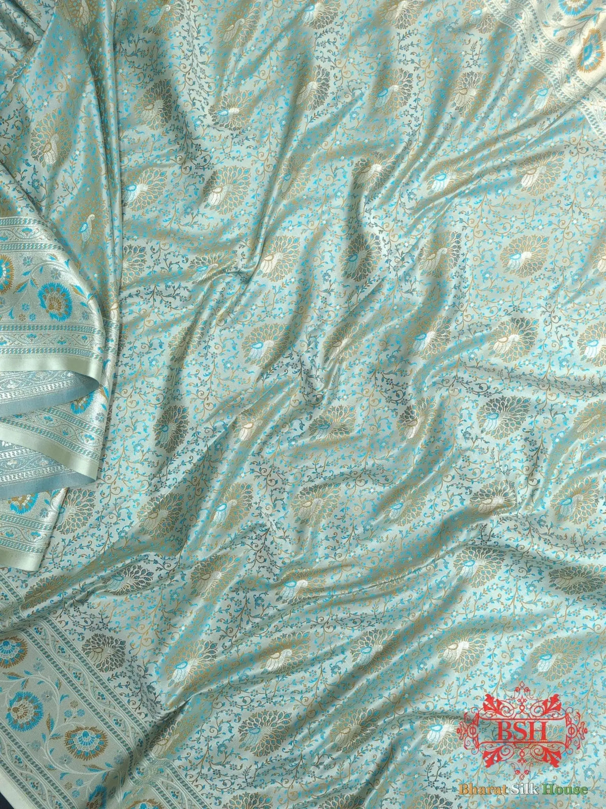Shades Of Powder Blue Dohri Resham Zari Booti Tanchoi Silk Saree - Bharat Silk House Semi-Silk