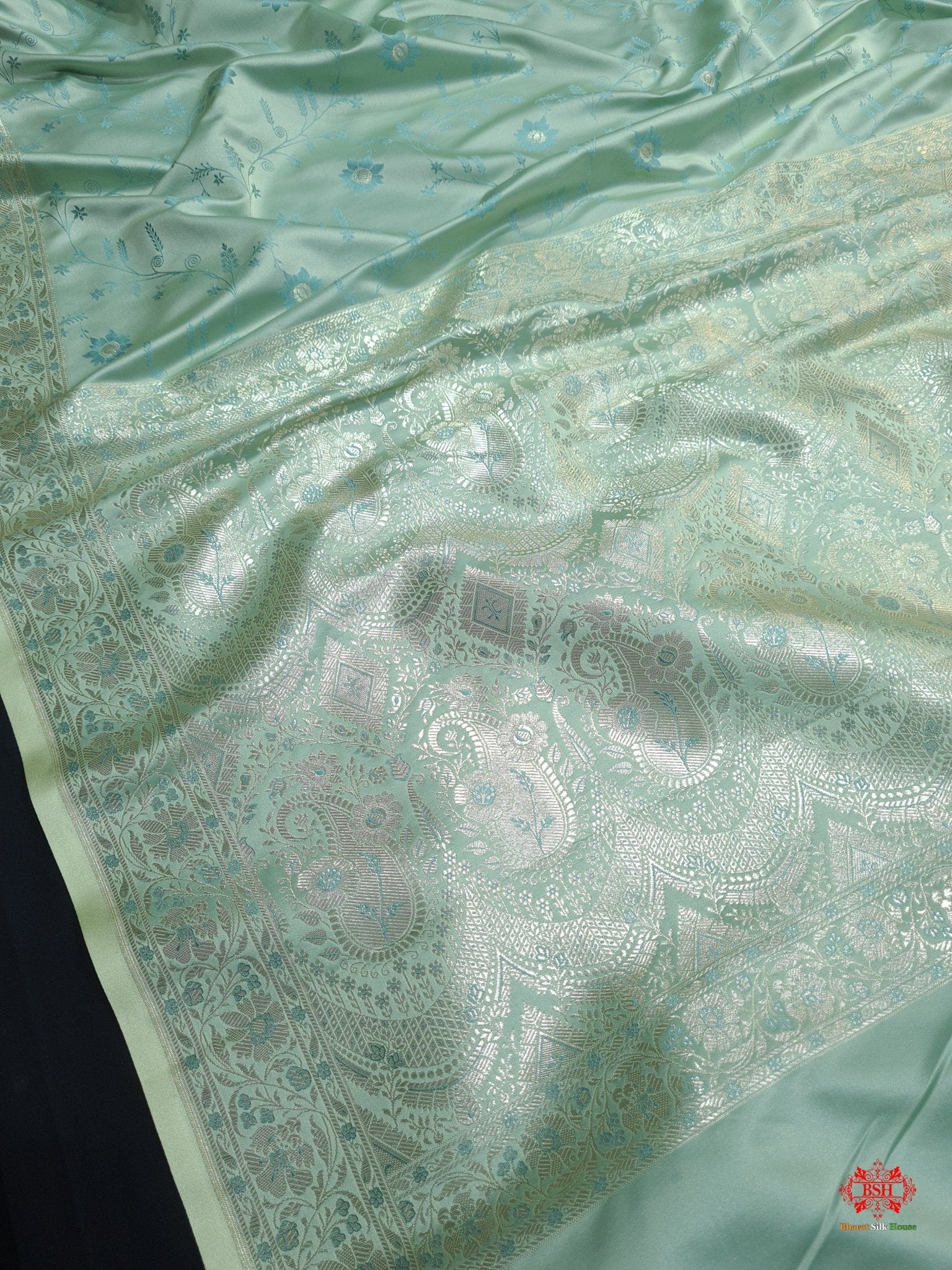Shades Of Sea Green Pink Single Zari Tanchoi Silk Saree - Bharat Silk House Tanchoi katan