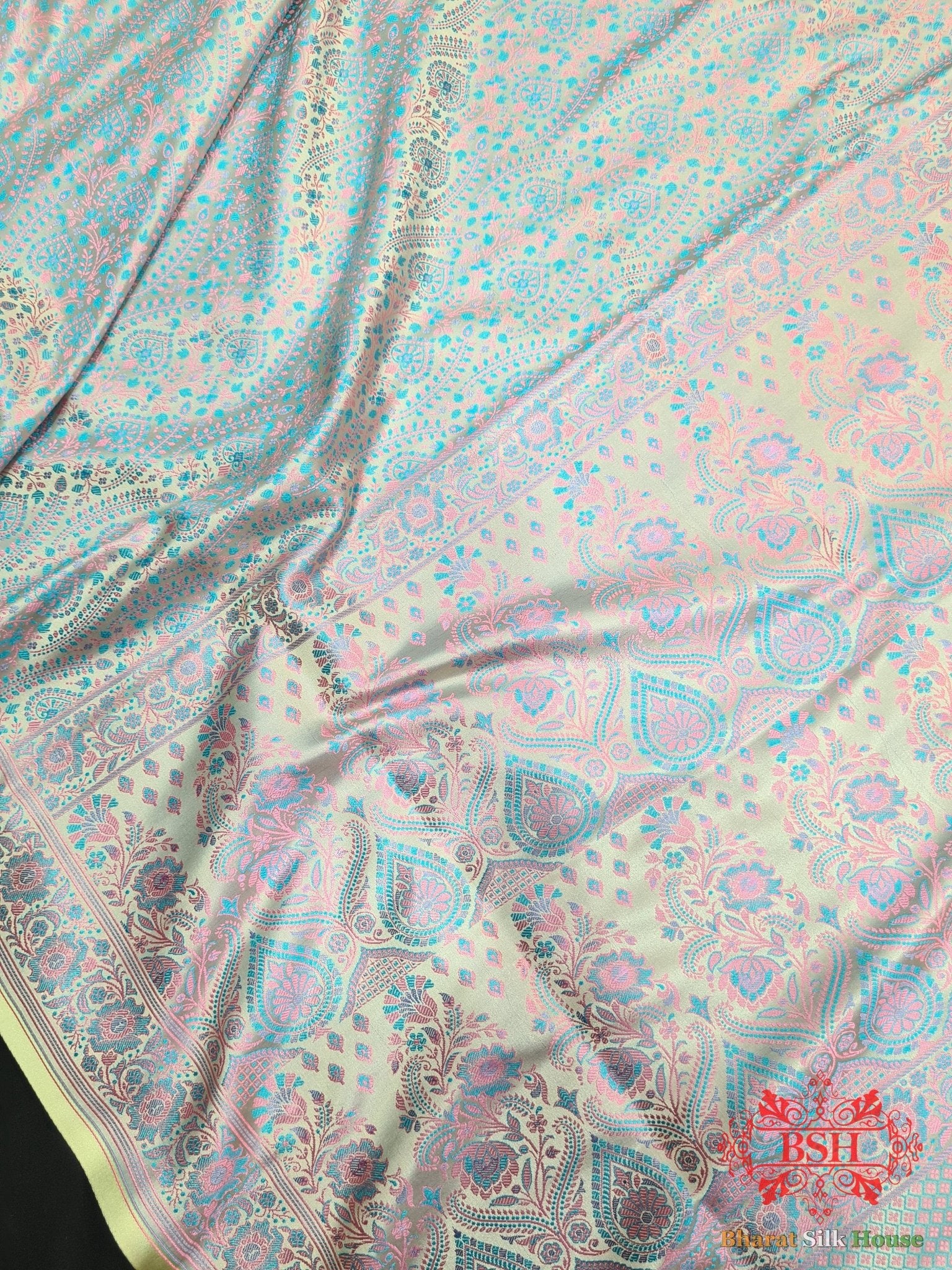 Shades Of Tea Green Dohri Resham Tanchoi Silk Saree - Bharat Silk House Tanchoi katan
