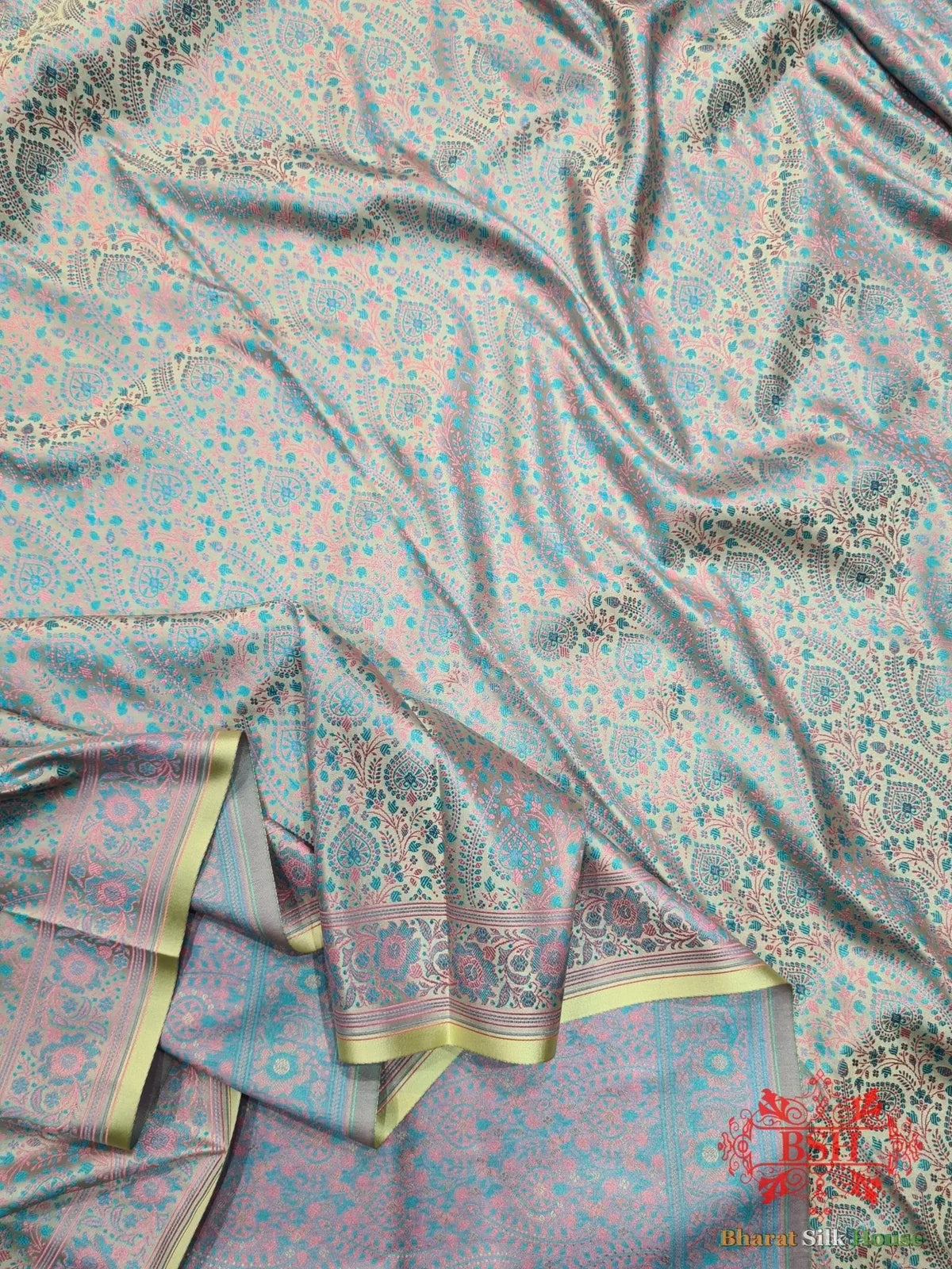 Shades Of Tea Green Dohri Resham Tanchoi Silk Saree - Bharat Silk House Tanchoi katan