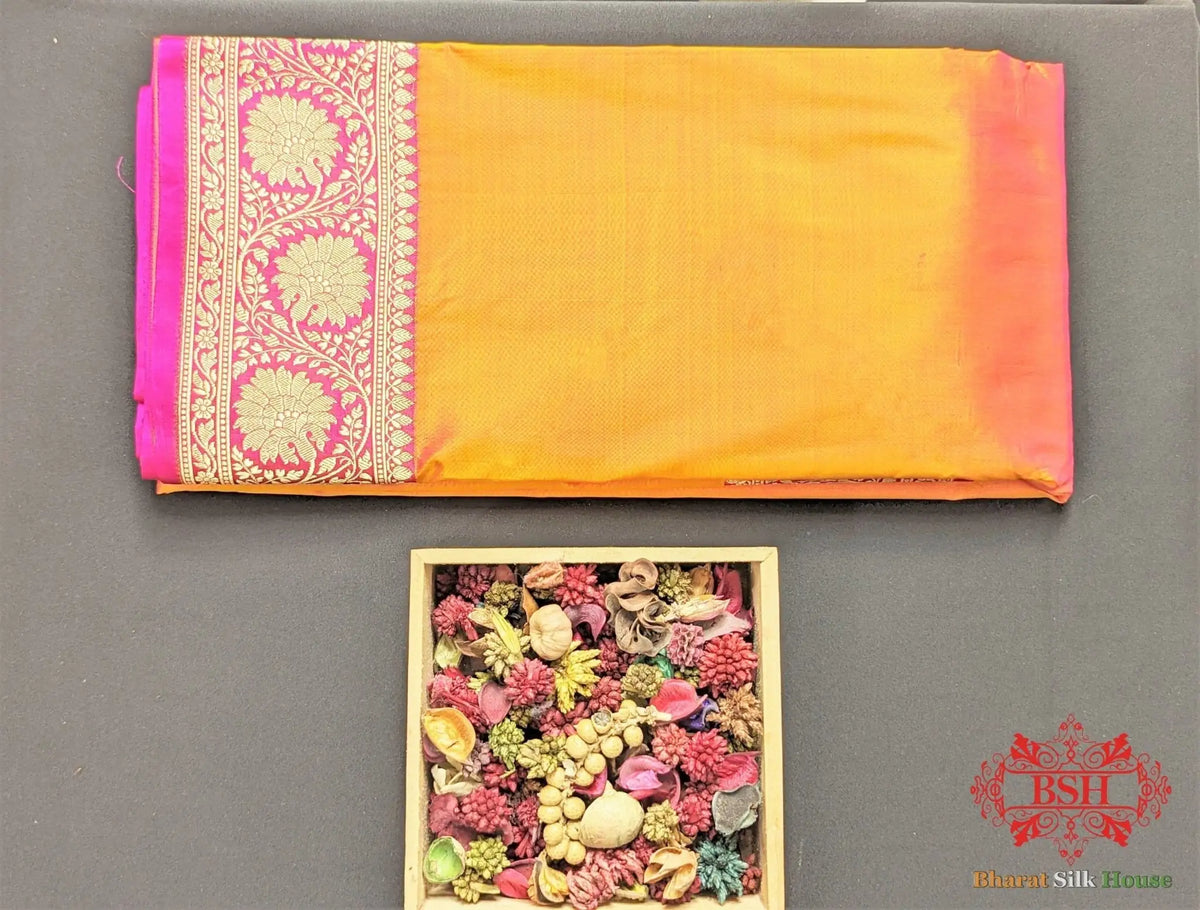 Tangerine Orange Katan Silk Banarasi Handloom Saree - Bharat Silk House Pure Kataan Silk