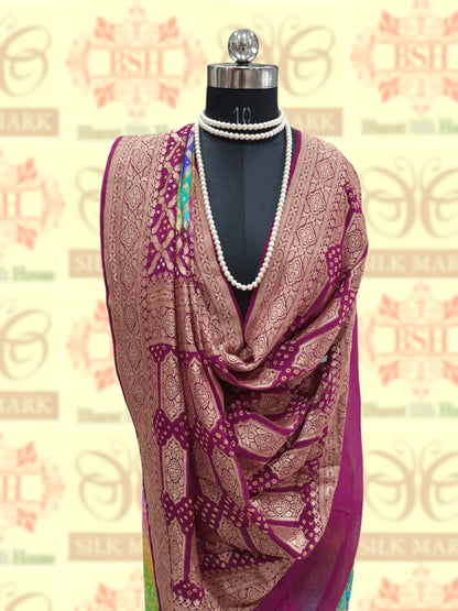 Ten Color Handbrush Dyed Pure Georgette Bandhej Banarasi Handloom Saree - Bharat Silk House Bandhej