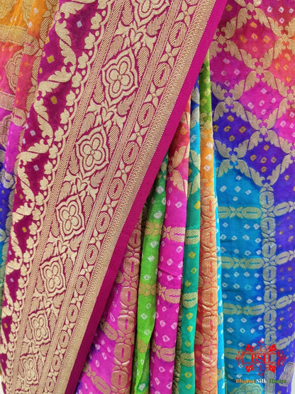 Ten Color Handbrush Dyed Pure Georgette Bandhej Banarasi Handloom Saree - Bharat Silk House Bandhej