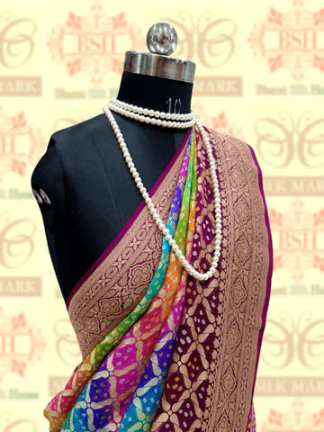 Ten Color Handbrush Dyed Pure Georgette Bandhej Banarasi Handloom Saree - Bharat Silk House Bandhej