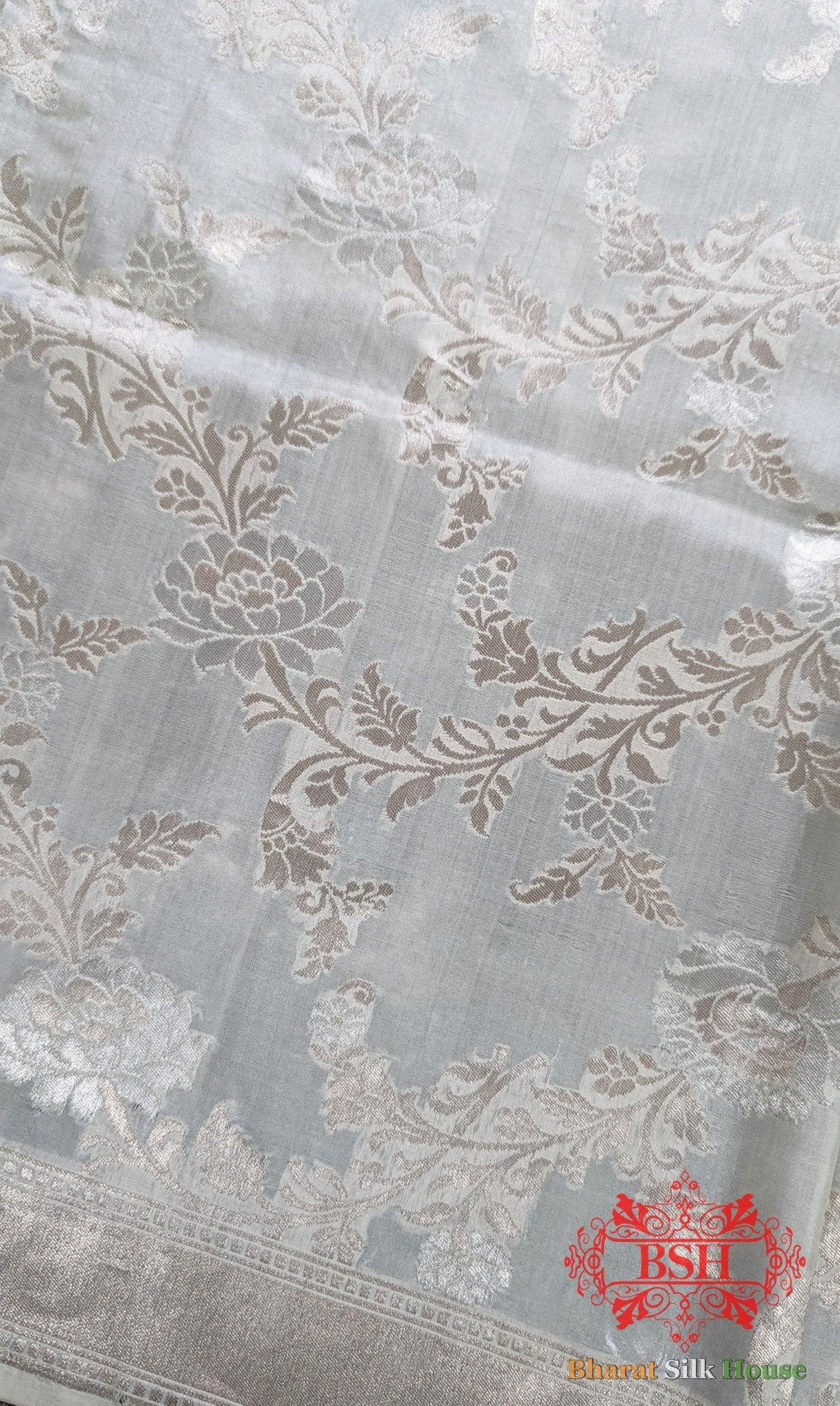 White Banarasi Pure Katan Silk Floral Pattern Dupatta - Bharat Silk House Pure Silk Dupatta