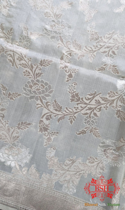 White Banarasi Pure Katan Silk Floral Pattern Dupatta - Bharat Silk House Pure Silk Dupatta