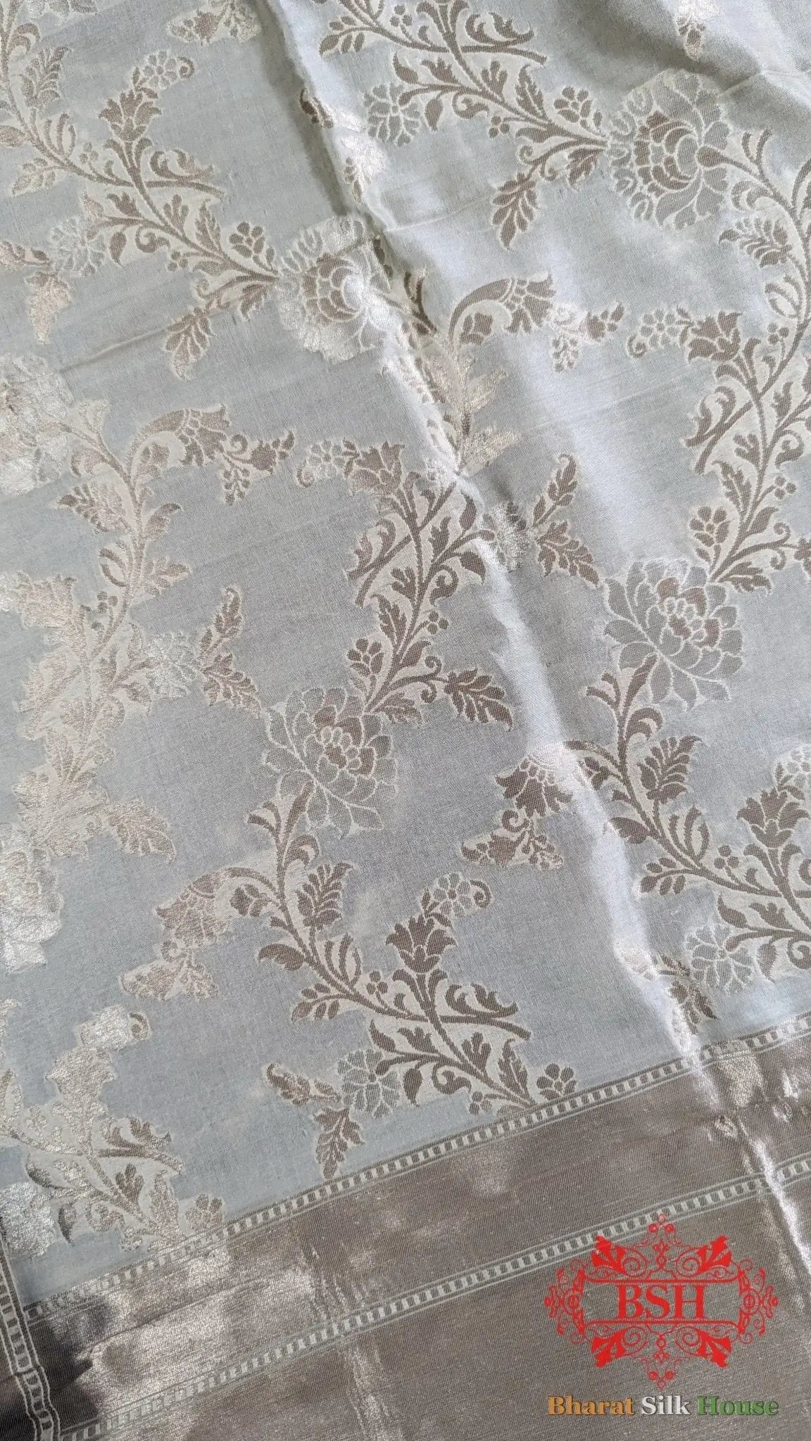 White Banarasi Pure Katan Silk Floral Pattern Dupatta - Bharat Silk House Pure Silk Dupatta