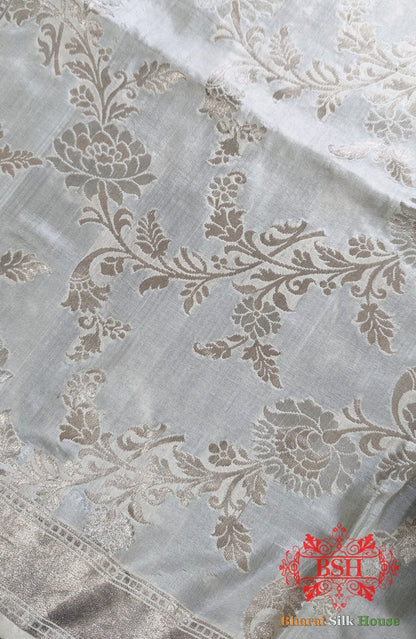 White Banarasi Pure Katan Silk Floral Pattern Dupatta - Bharat Silk House Pure Silk Dupatta