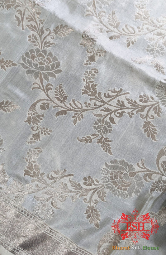 White Banarasi Pure Katan Silk Floral Pattern Dupatta - Bharat Silk House Pure Silk Dupatta