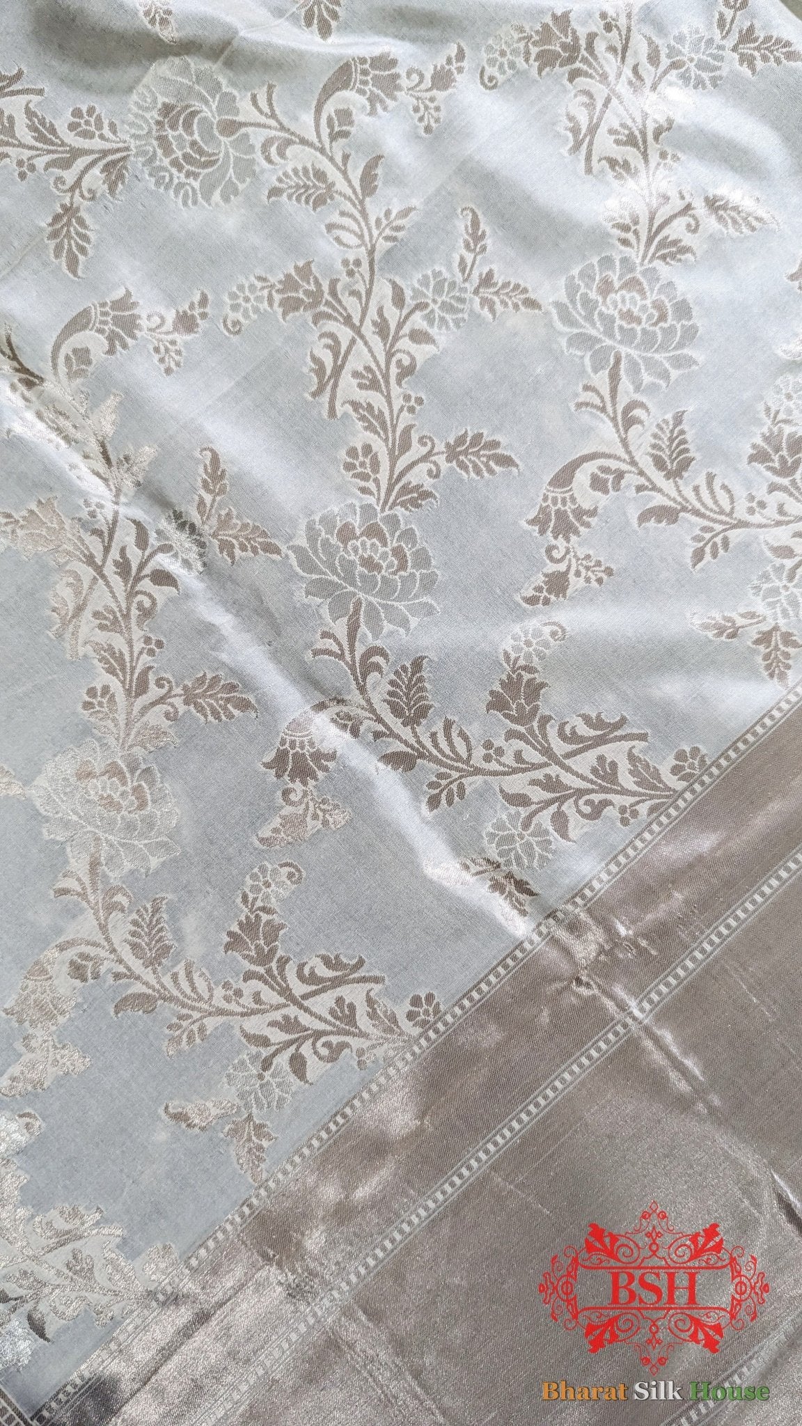 White Banarasi Pure Katan Silk Floral Pattern Dupatta - Bharat Silk House Pure Silk Dupatta