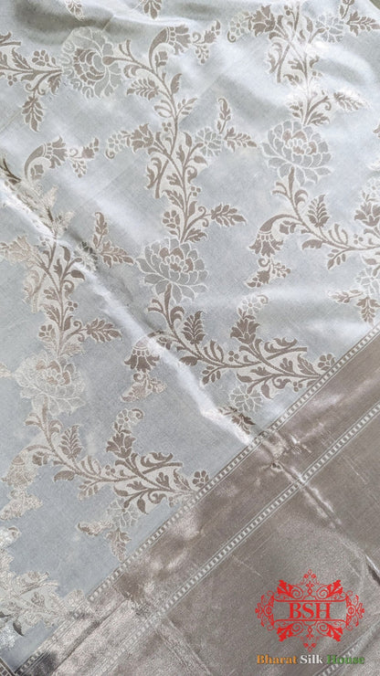 White Banarasi Pure Katan Silk Floral Pattern Dupatta - Bharat Silk House Pure Silk Dupatta