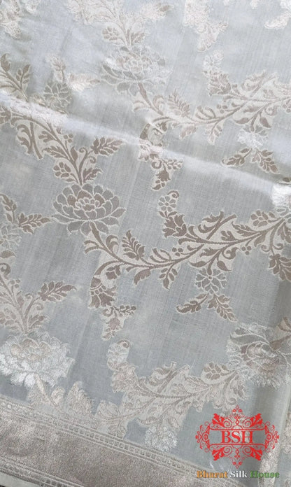 White Banarasi Pure Katan Silk Floral Pattern Dupatta - Bharat Silk House Pure Silk Dupatta