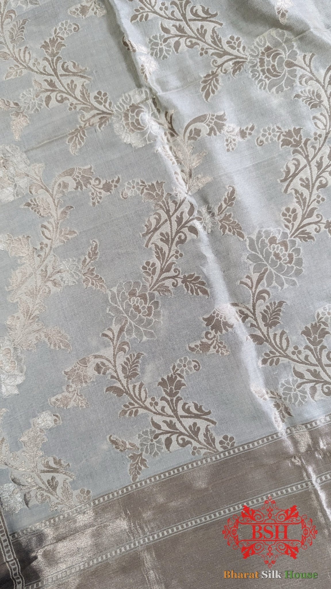 White Banarasi Pure Katan Silk Floral Pattern Dupatta - Bharat Silk House Pure Silk Dupatta