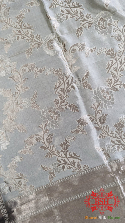 White Banarasi Pure Katan Silk Floral Pattern Dupatta - Bharat Silk House Pure Silk Dupatta