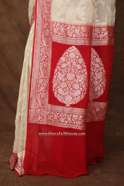 White Four Way Layer Sona Rupa Khaddi Chiffon Saree - Bharat Silk House Chiffon Sarees