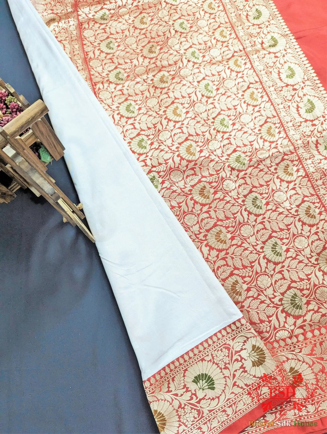 White Pure Katan Silk Banarasi Saree - Bharat Silk House Pure Kataan Silk