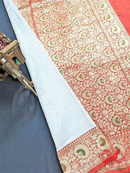 White Pure Katan Silk Banarasi Saree - Bharat Silk House Pure Kataan Silk