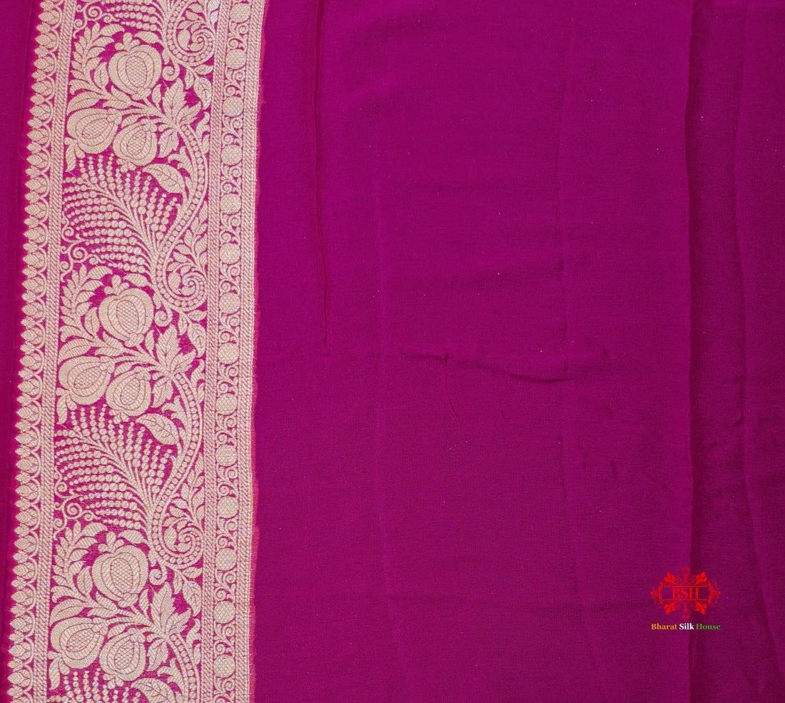 White With Pink Border Pure Chiffon Handbrush Dyed Reshmi Zari Silk Saree - Bharat Silk House Chiffon Sarees