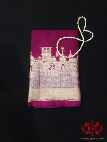 Wine Banaras Ghats Weaved Silk Saree - Bharat Silk House Semi-Silk