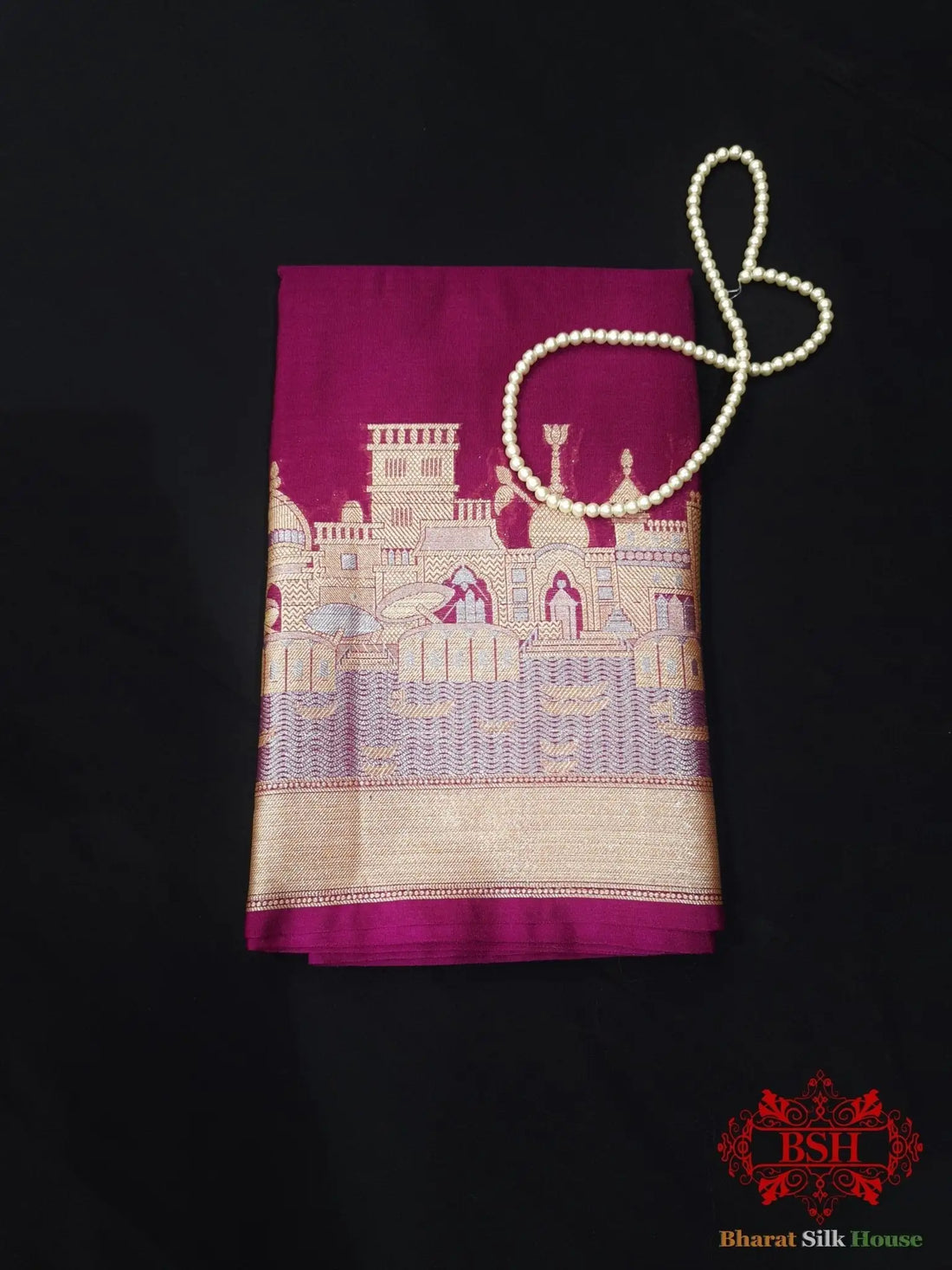 Wine Banaras Ghats Weaved Silk Saree - Bharat Silk House Semi-Silk
